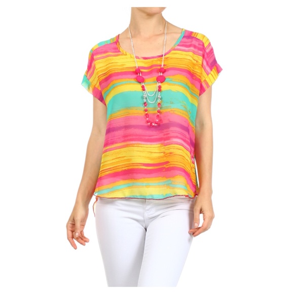 Tops - Women's Rainbow Color Striped Hi-Lo Hem Blouse Top